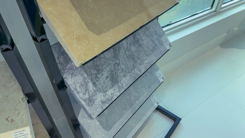 Natural stone paver and coping samples on display